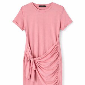 MEROKEETY Pink Tie Waist Midi Dress | Ruched Side Casual